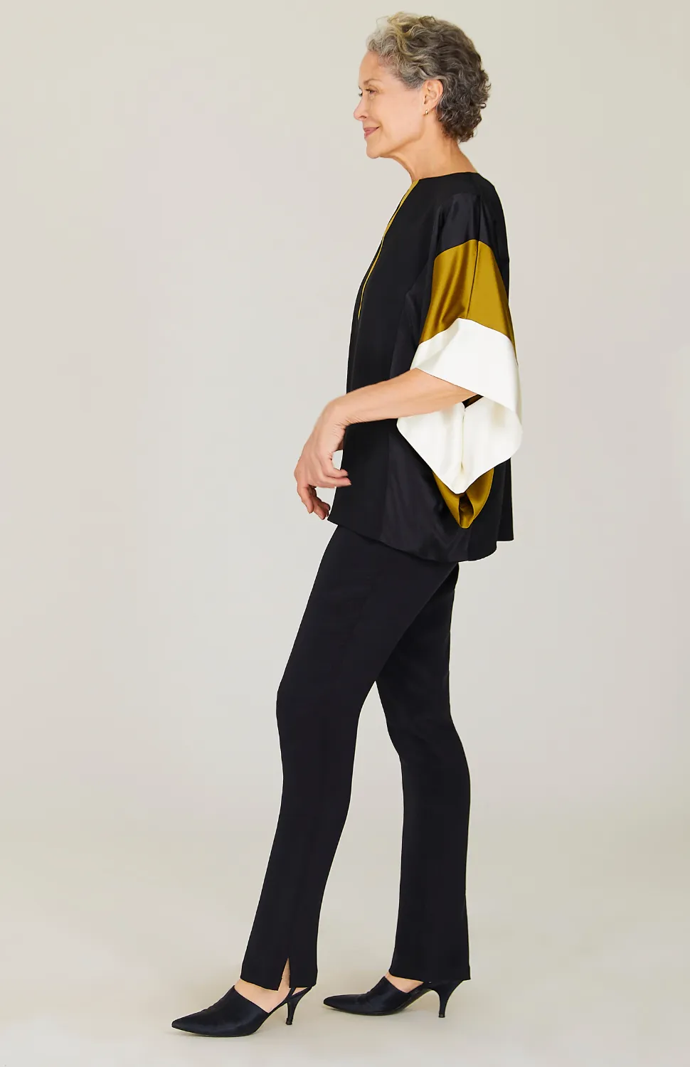 Silk Tunic w/Contrast Satin Bands & V Inset