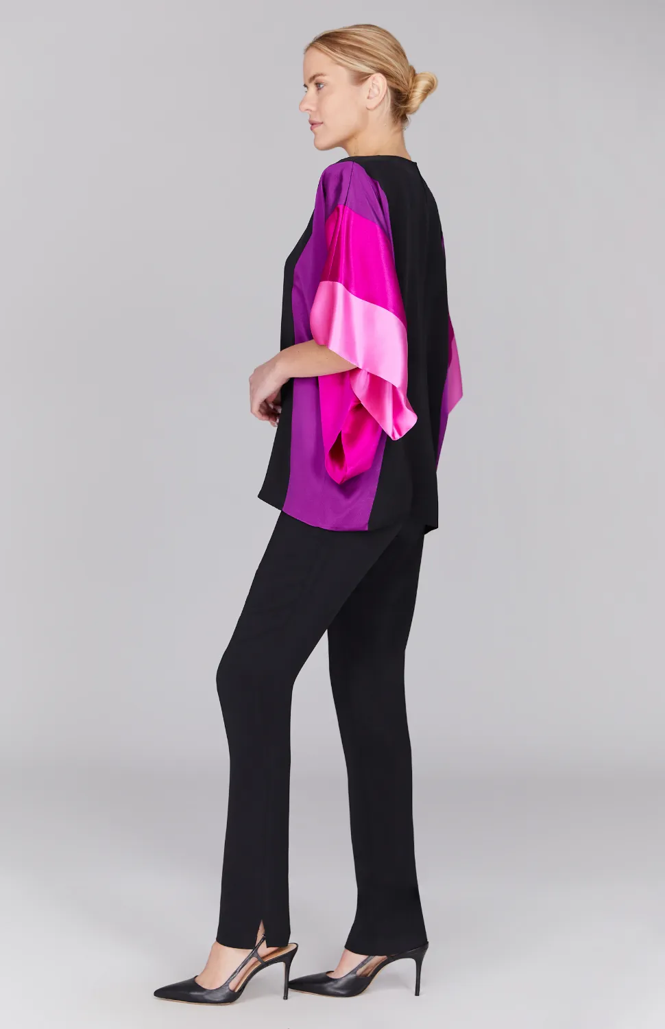 Silk Tunic w/Contrast Satin Bands & V Inset