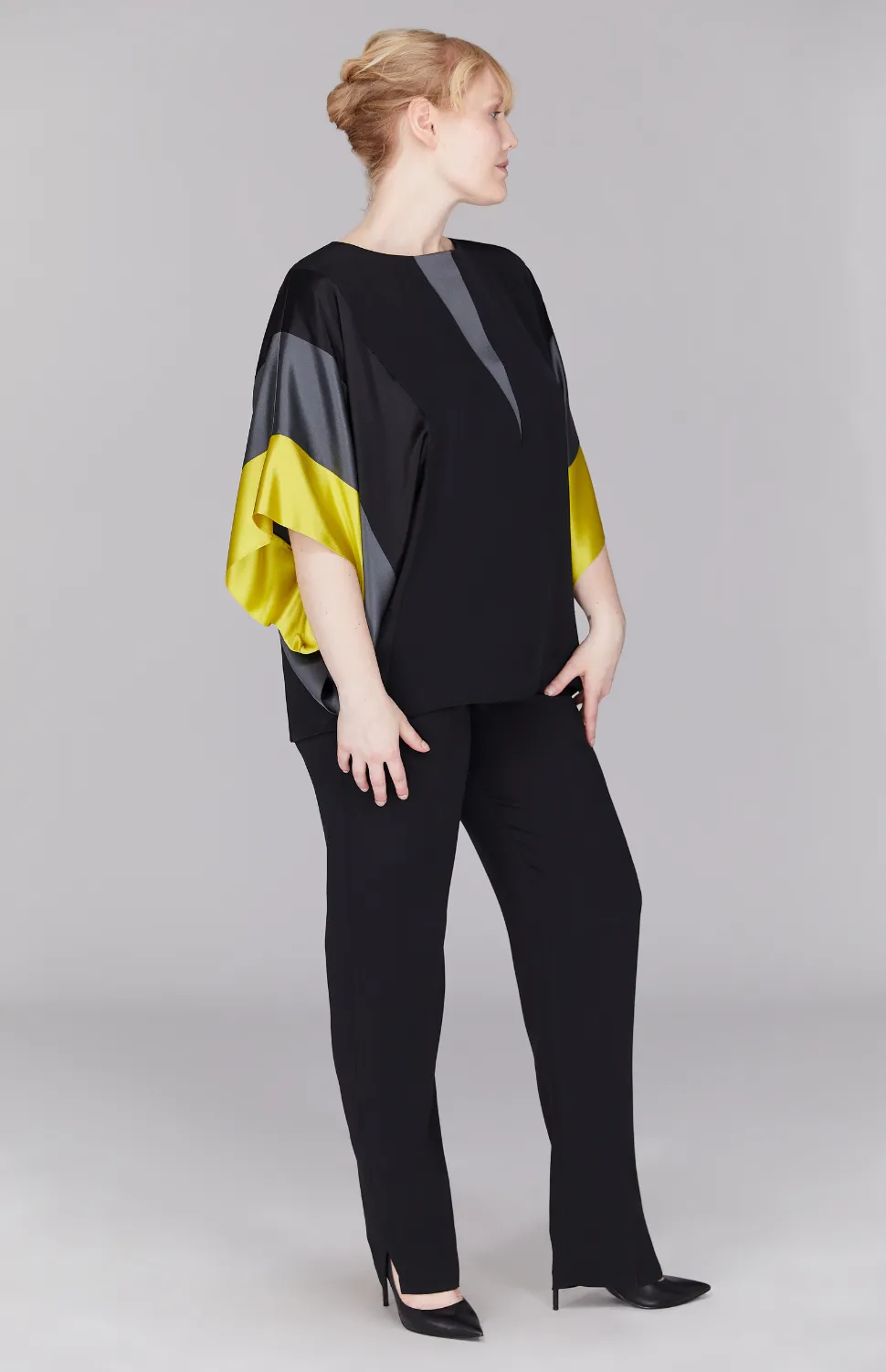 Silk Tunic w/Contrast Satin Bands & V Inset
