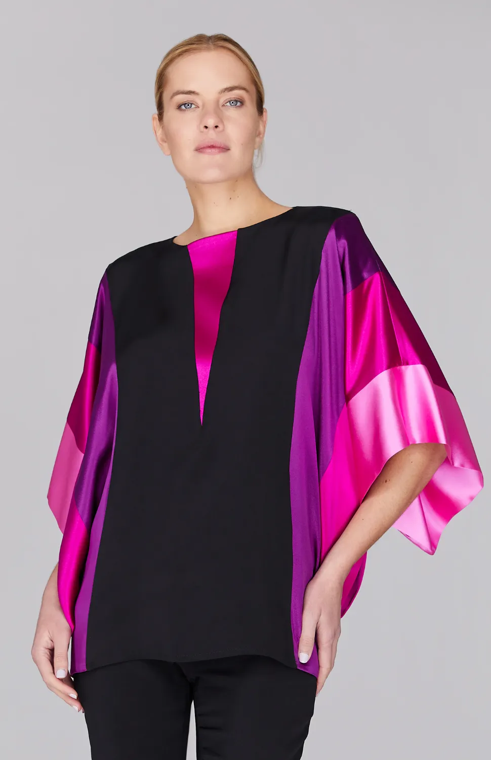 Silk Tunic w/Contrast Satin Bands & V Inset