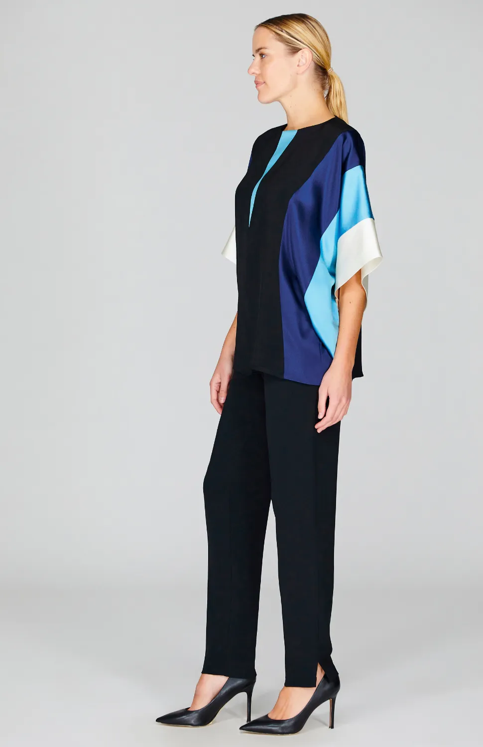 Silk Tunic w/Contrast Satin Bands & V Inset