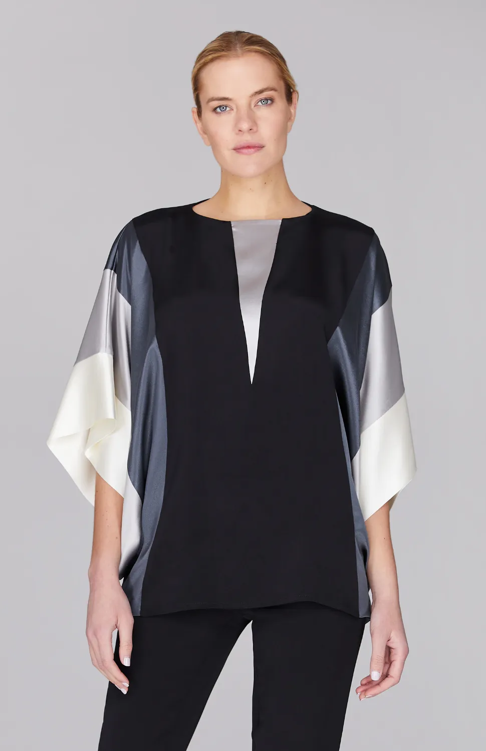 Silk Tunic w/Contrast Satin Bands & V Inset