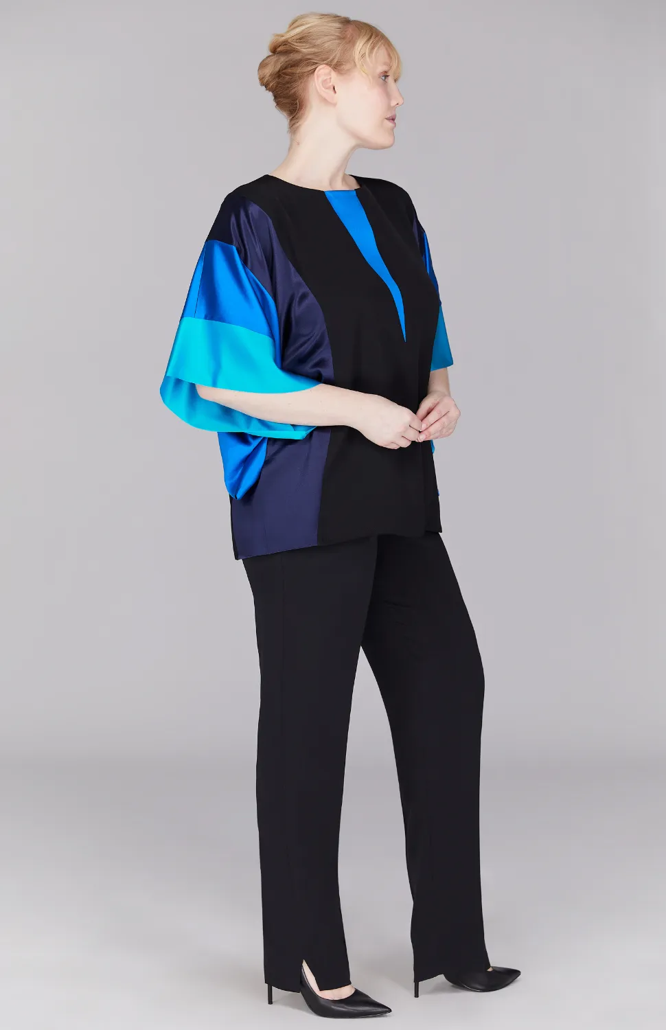 Silk Tunic w/Contrast Satin Bands & V Inset