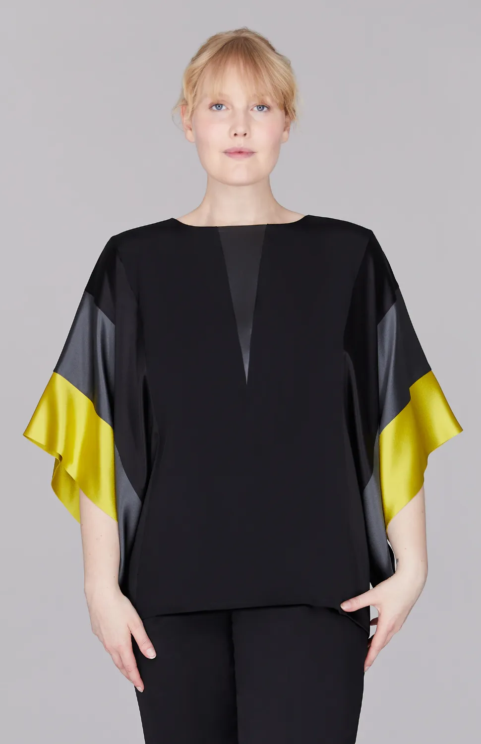 Silk Tunic w/Contrast Satin Bands & V Inset