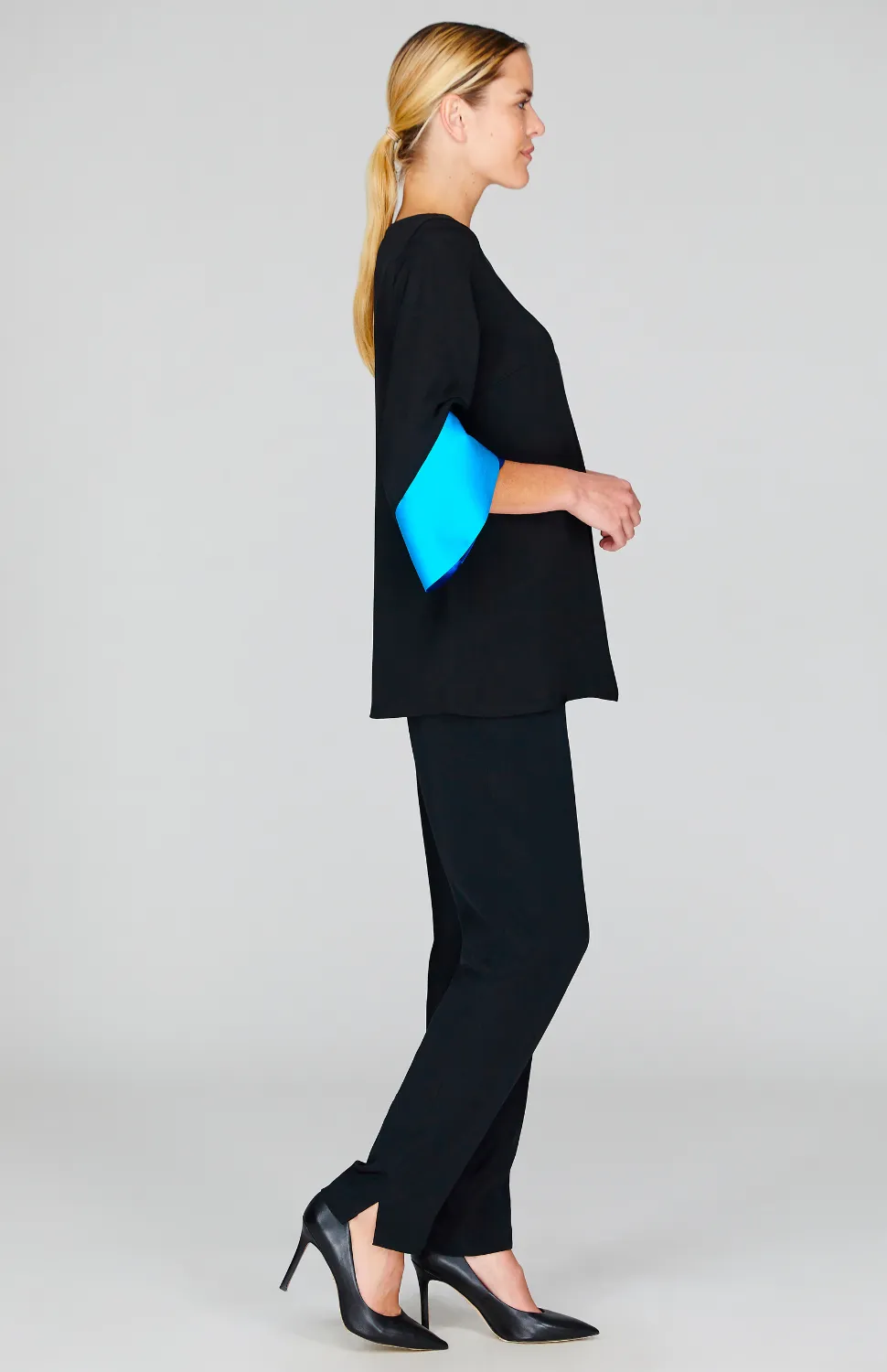 Silk Tunic w/Contrast Satin Color Block Sleeves & V Inset