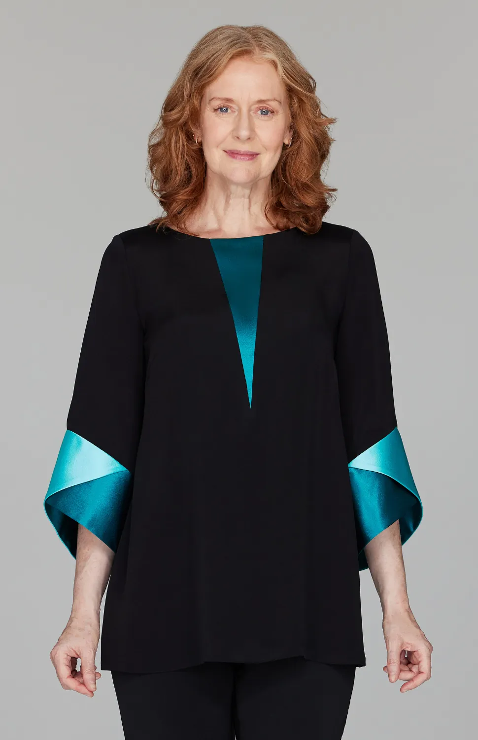 Silk Tunic w/Contrast Satin Color Block Sleeves & V Inset