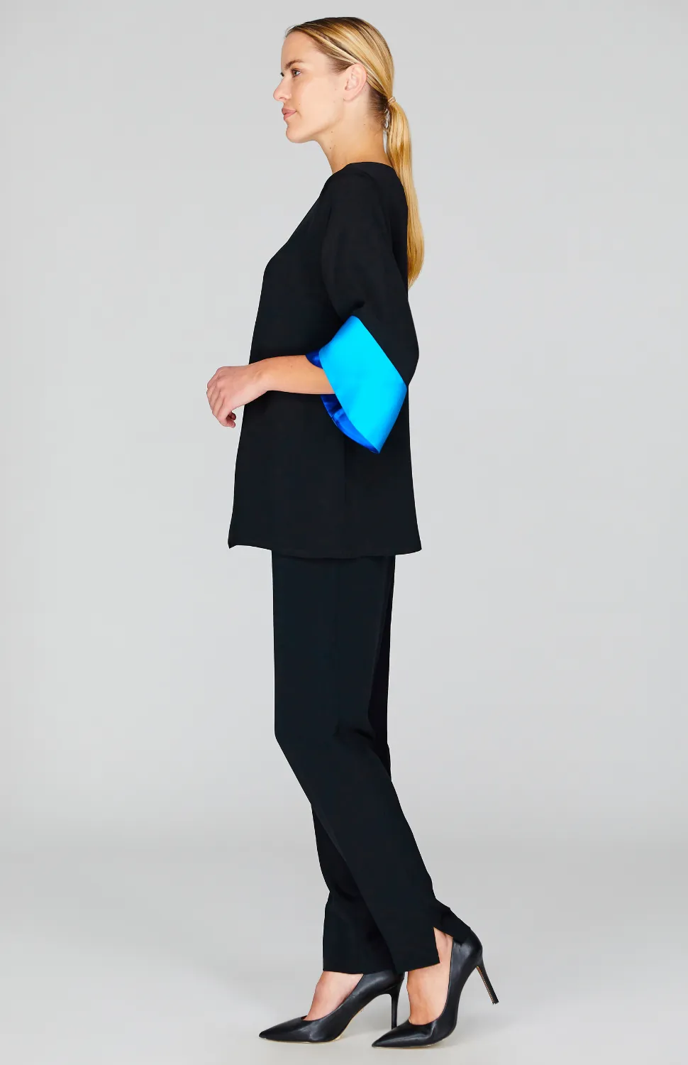 Silk Tunic w/Contrast Satin Color Block Sleeves & V Inset