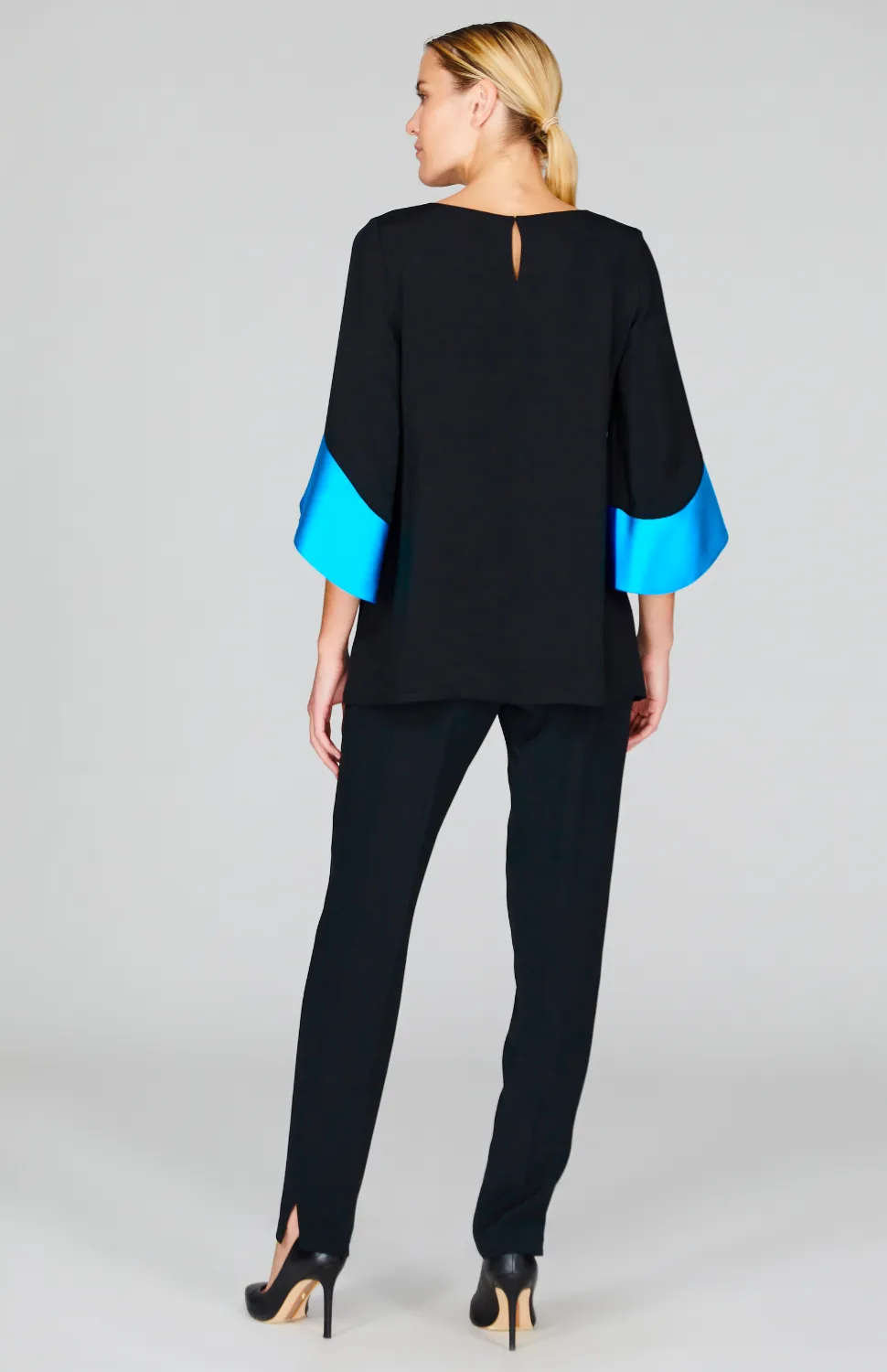 Silk Tunic w/Contrast Satin Color Block Sleeves & V Inset