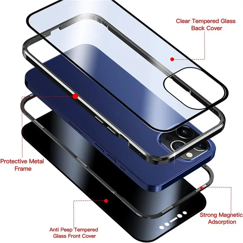 Silver Anti Peeping Magnetic Double Privacy Metal Case for iPhone Cover