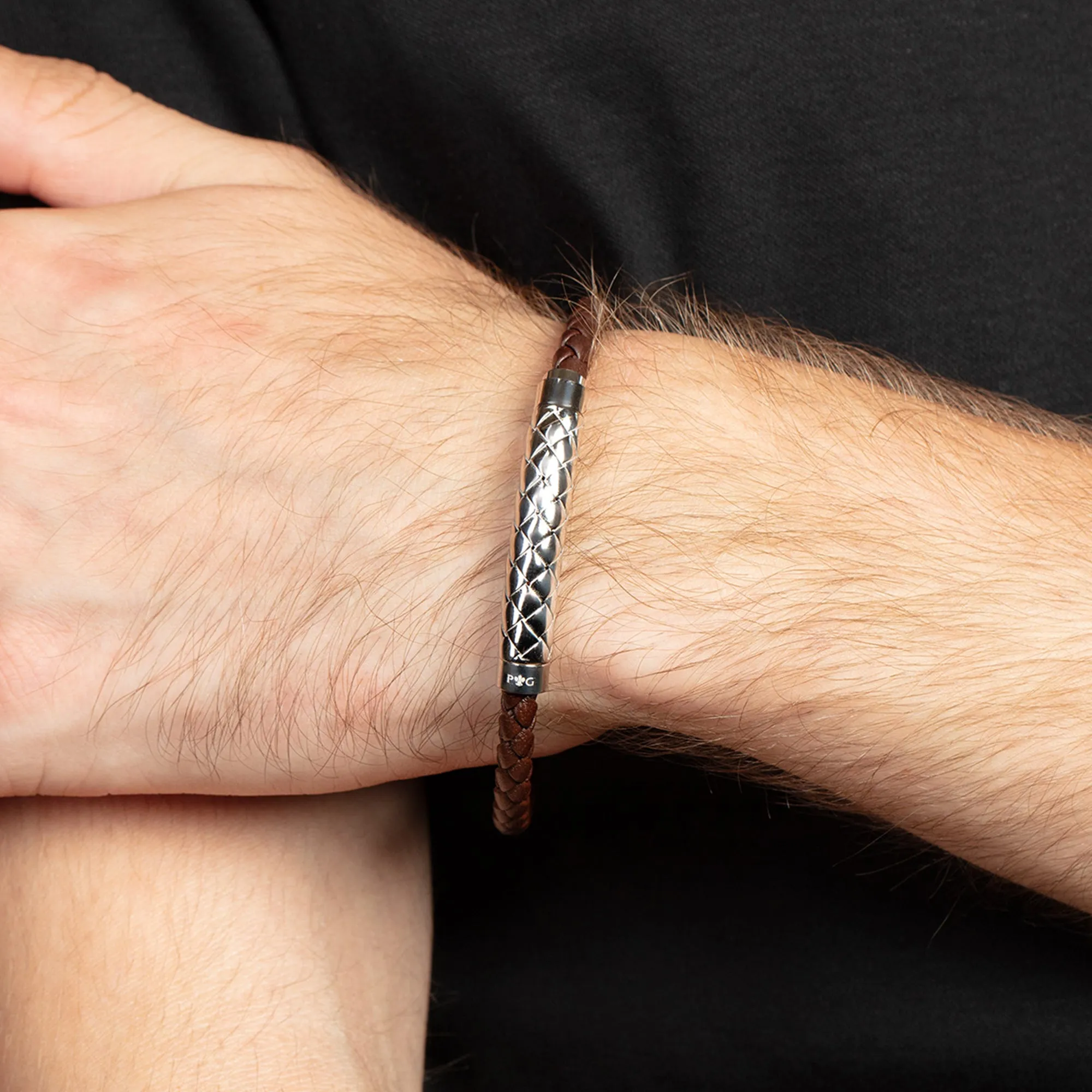 Silver Woven Bar Leather Bracelet