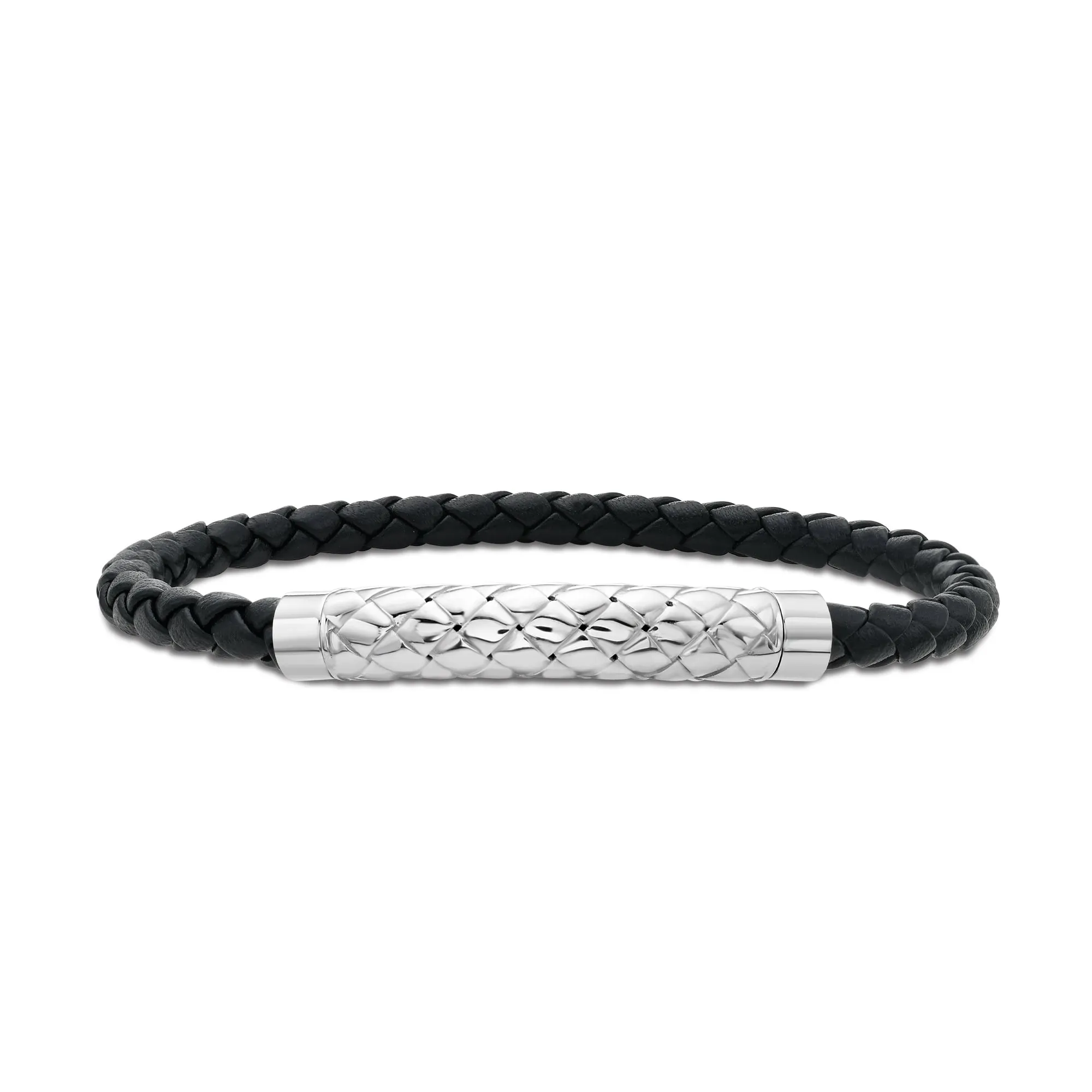 Silver Woven Bar Leather Bracelet