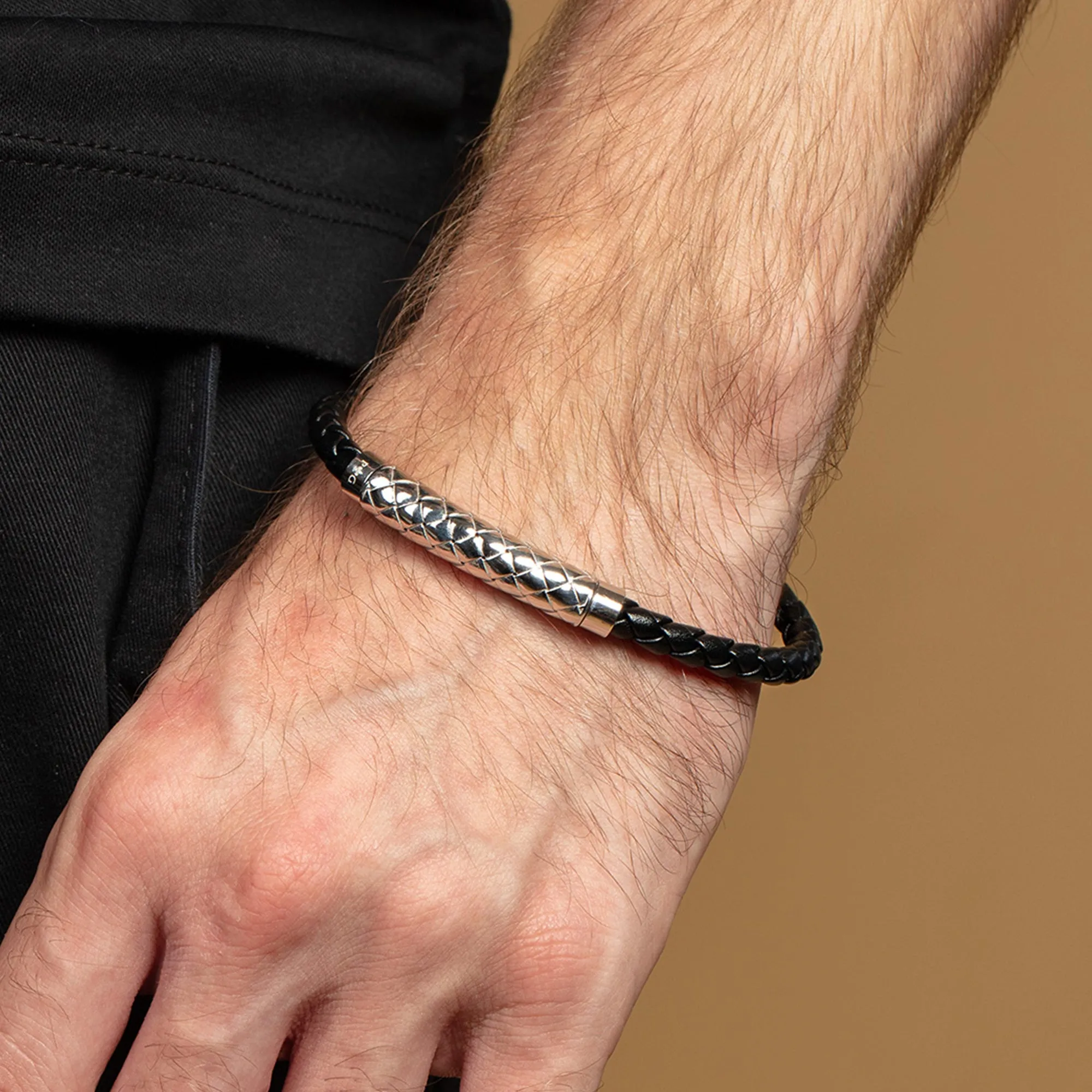 Silver Woven Bar Leather Bracelet