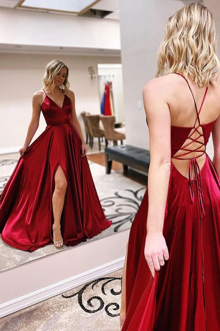 Simple V Neck A Line Sleeveless Satin Long Prom Dresses