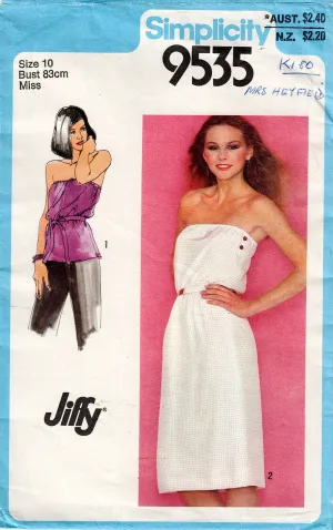 Simplicity 9535 JIFFY Womens Strapless Dress or Top 1980s Vintage Sewing Pattern Size 10 Bust 32.5 inches
