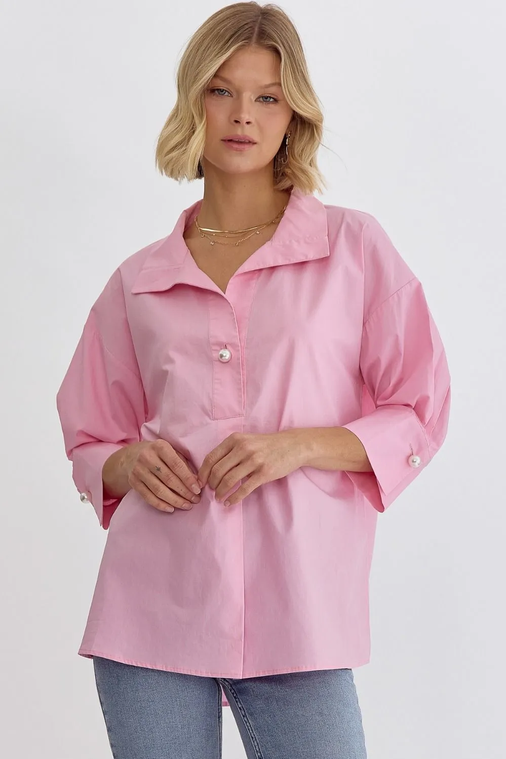 Solid Collared 3/4 Sleeve Top