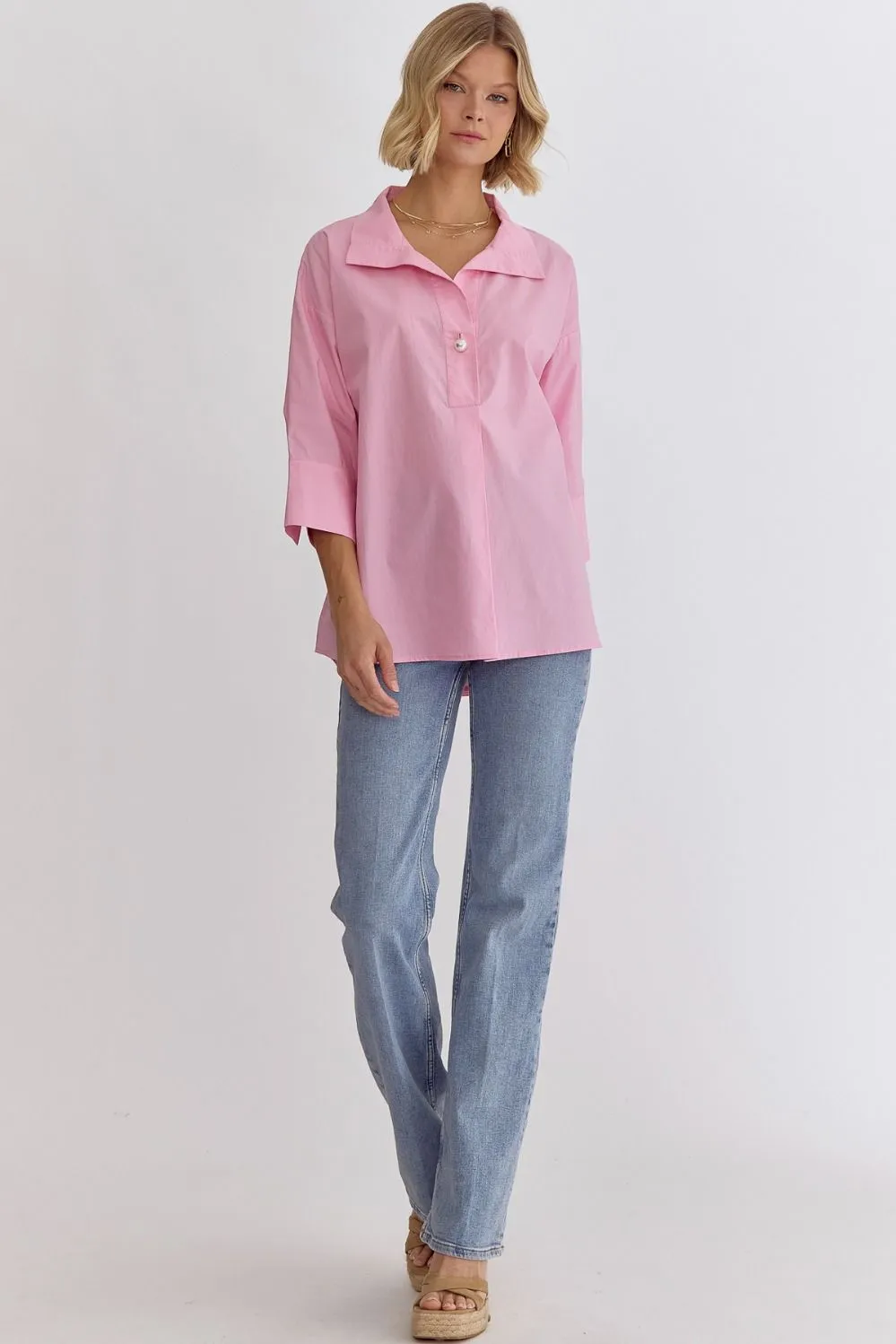 Solid Collared 3/4 Sleeve Top