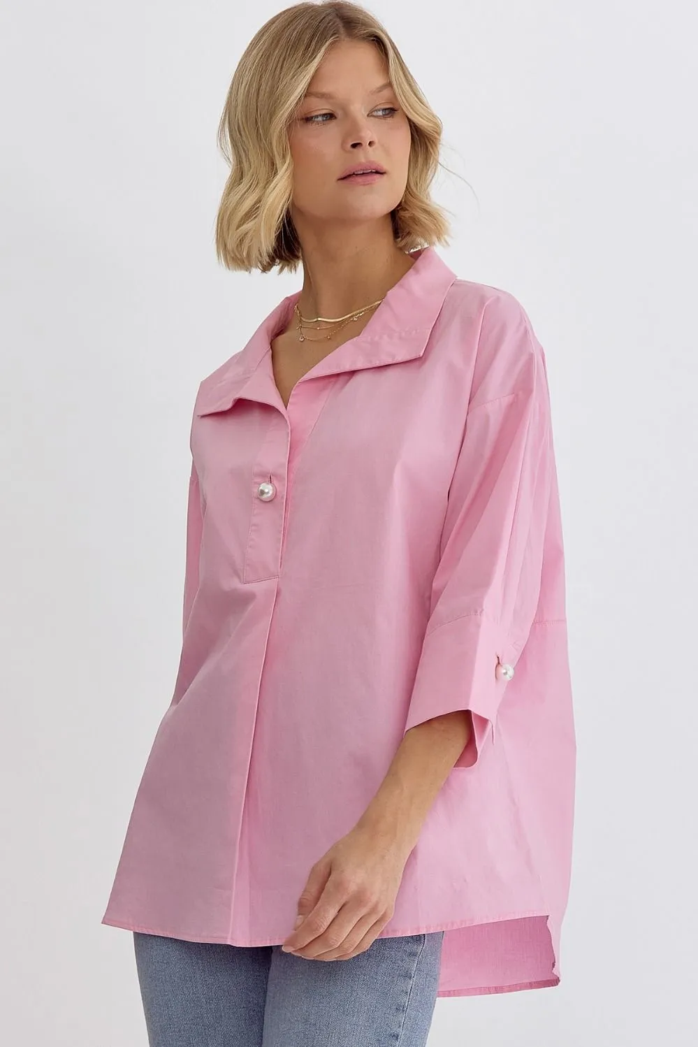 Solid Collared 3/4 Sleeve Top
