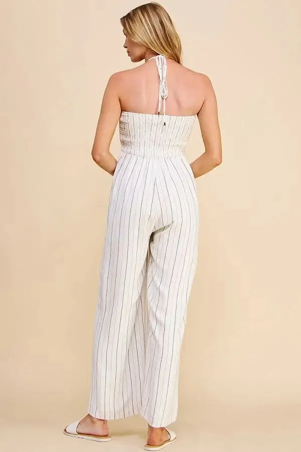 SPAGHETTI HALTER-TIE RUCHED LINED JUMPSUIT