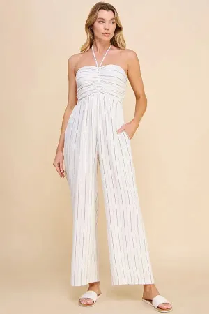 SPAGHETTI HALTER-TIE RUCHED LINED JUMPSUIT