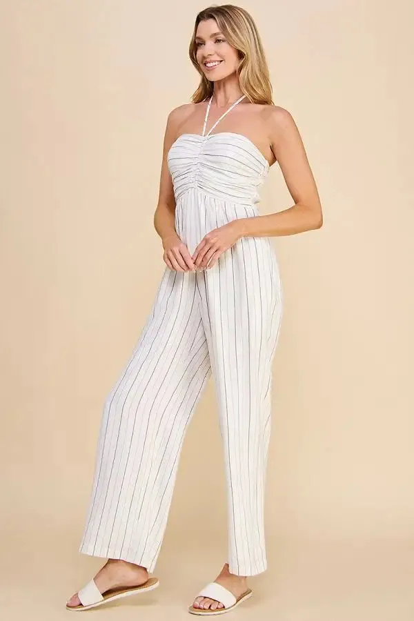 SPAGHETTI HALTER-TIE RUCHED LINED JUMPSUIT