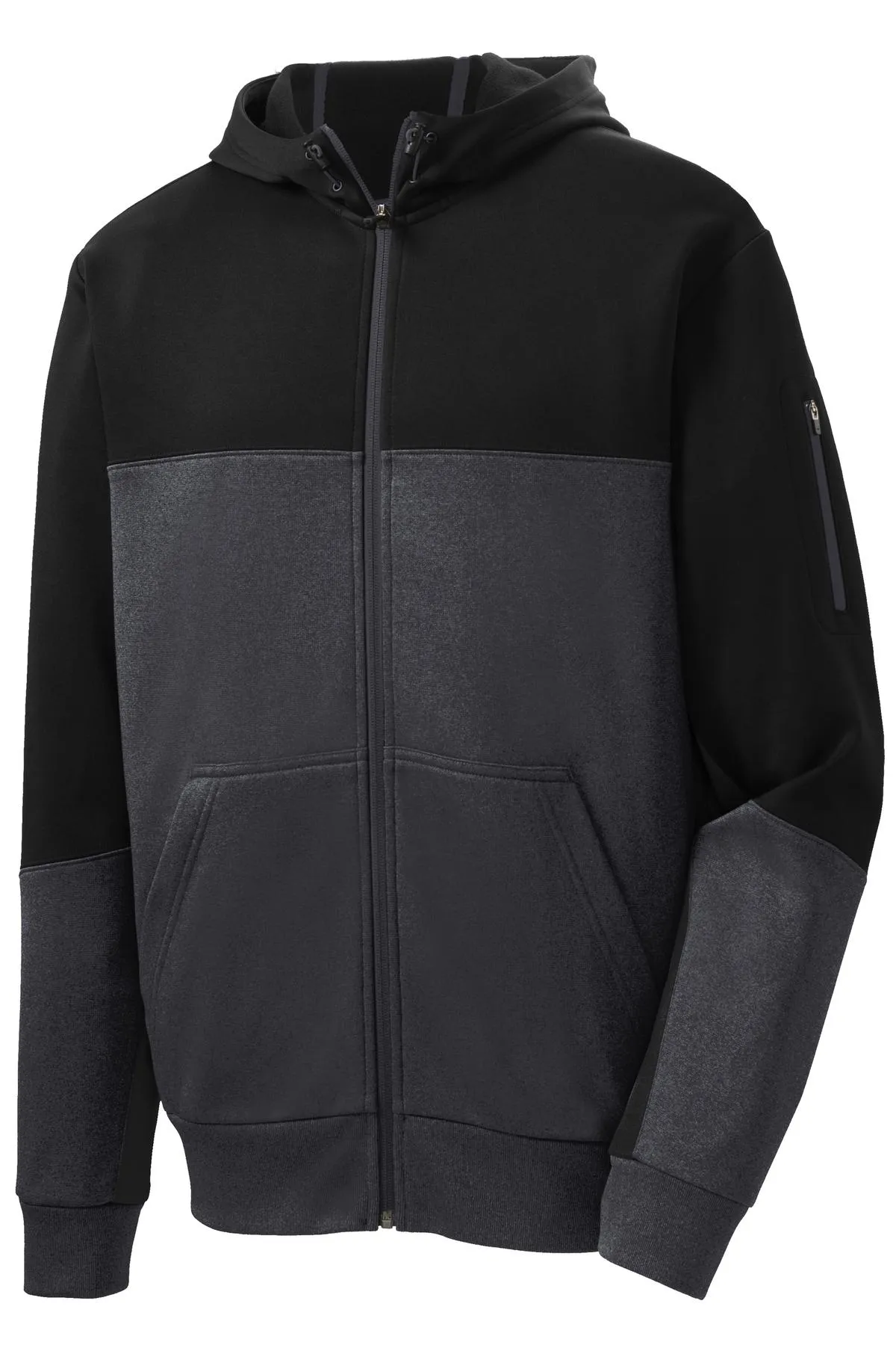 Sport-Tek Tech Fleece Colorblock Full-Zip Hooded Jacket. ST245 Black/ Graphite Heather/ Black