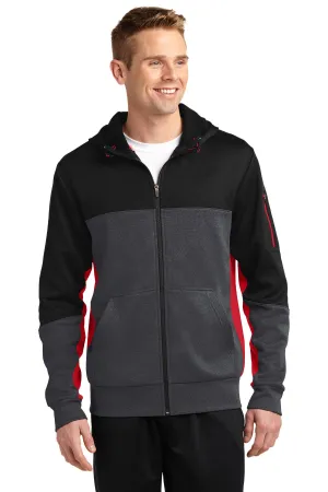 Sport-Tek Tech Fleece Colorblock Full-Zip Hooded Jacket. ST245 Black/ Graphite Heather/ True Red