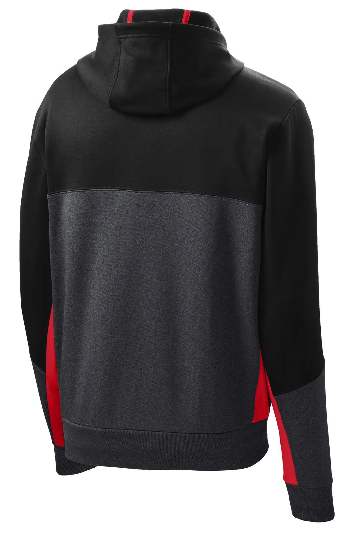 Sport-Tek Tech Fleece Colorblock Full-Zip Hooded Jacket. ST245 Black/ Graphite Heather/ True Red