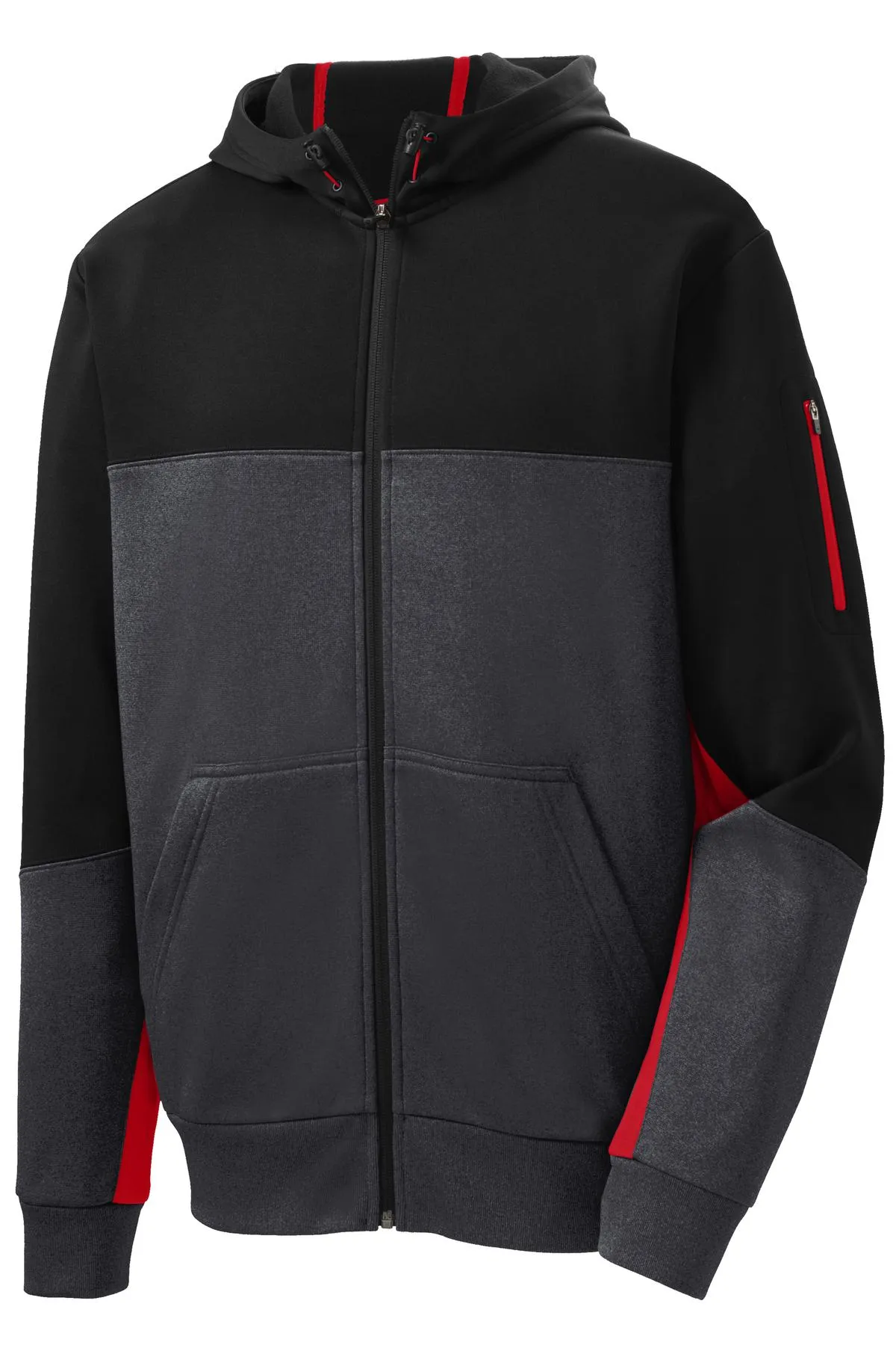 Sport-Tek Tech Fleece Colorblock Full-Zip Hooded Jacket. ST245 Black/ Graphite Heather/ True Red