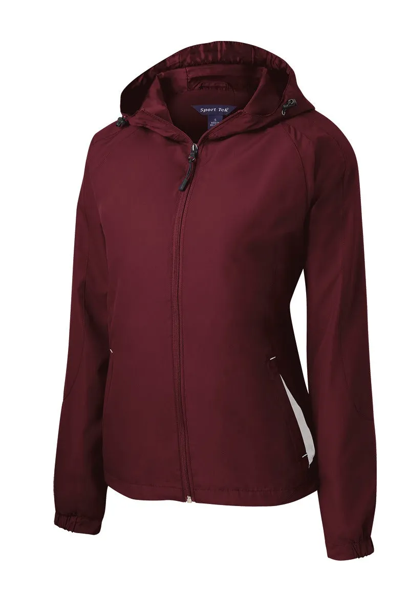 Sport-Tek Women's Colorblock Hooded Raglan Jacket. LST76 Maroon/ White