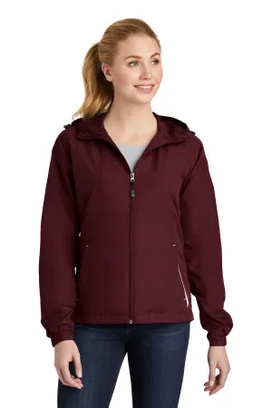 Sport-Tek Women's Colorblock Hooded Raglan Jacket. LST76 Maroon/ White
