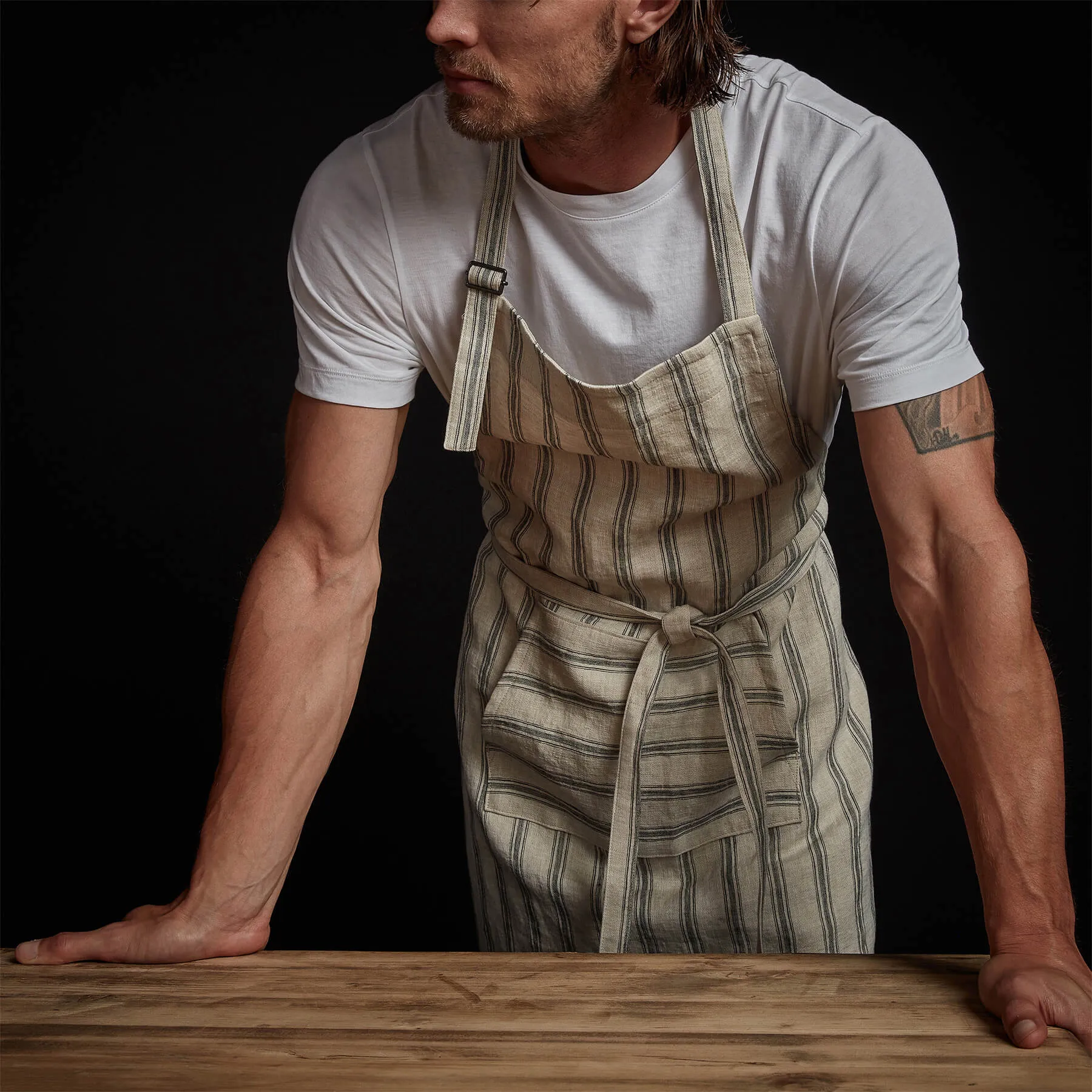 Stripe Chef's Apron With Pocket - Natural Stripe