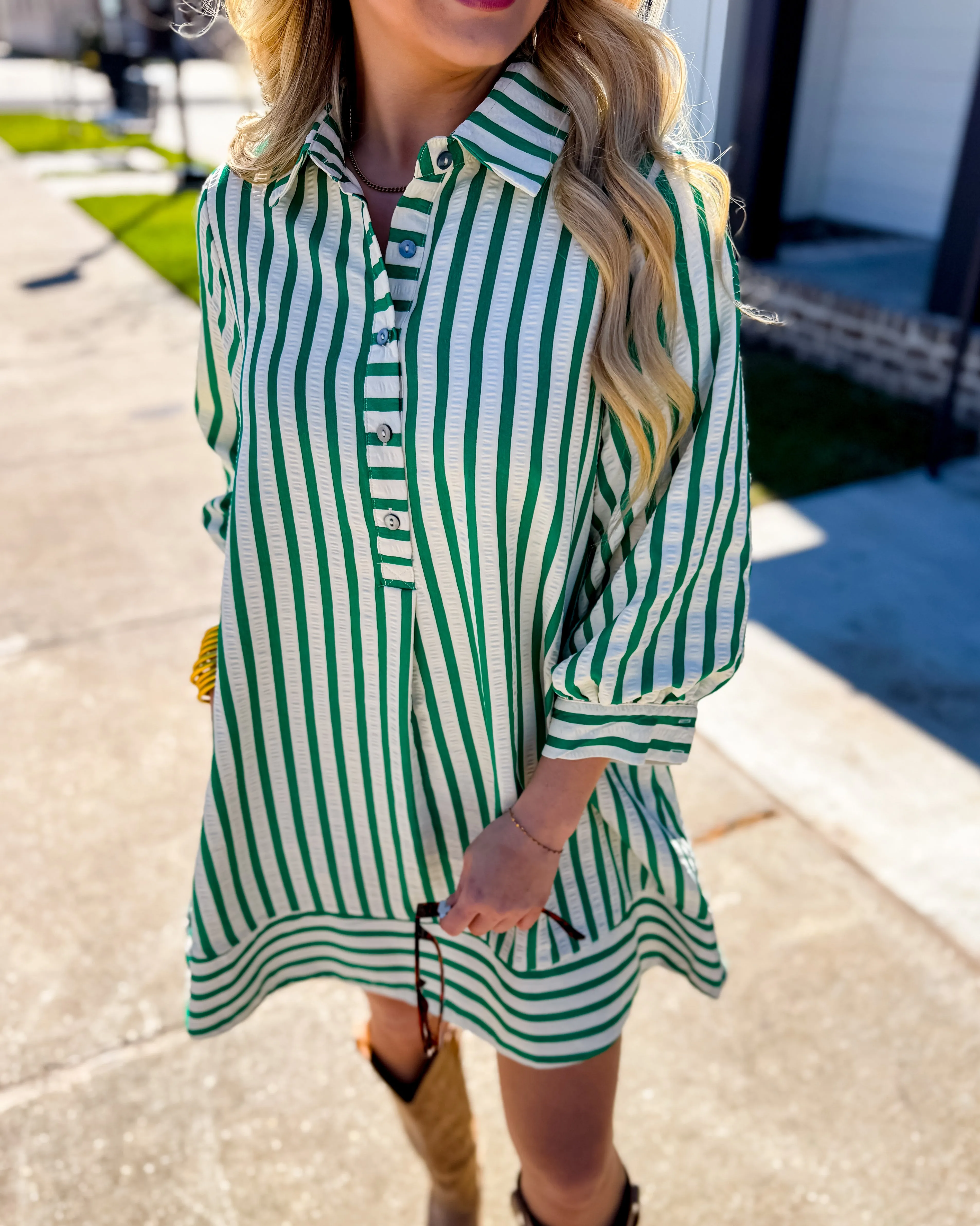 Striped Seersucker Mini Dress in Kelly Green