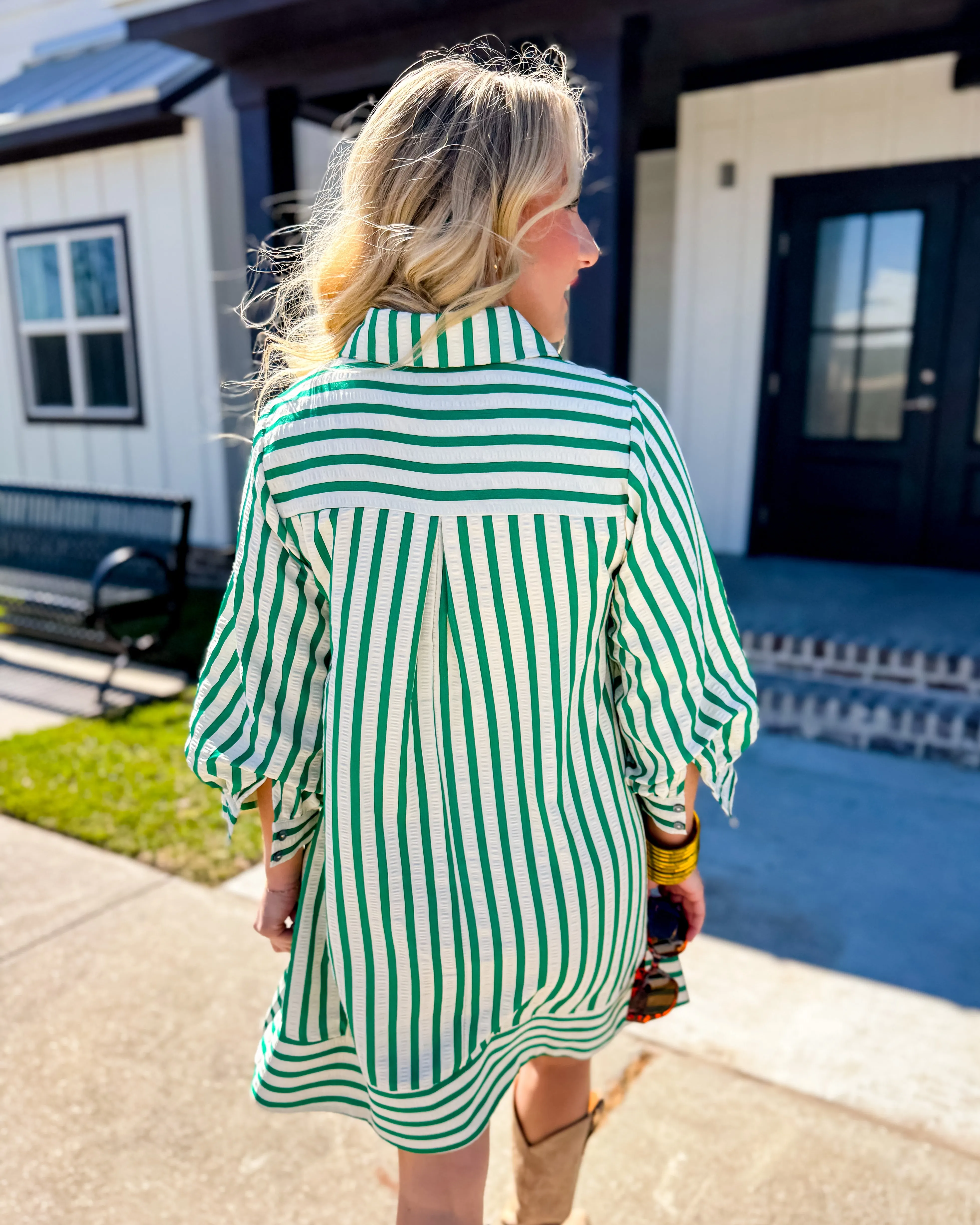 Striped Seersucker Mini Dress in Kelly Green