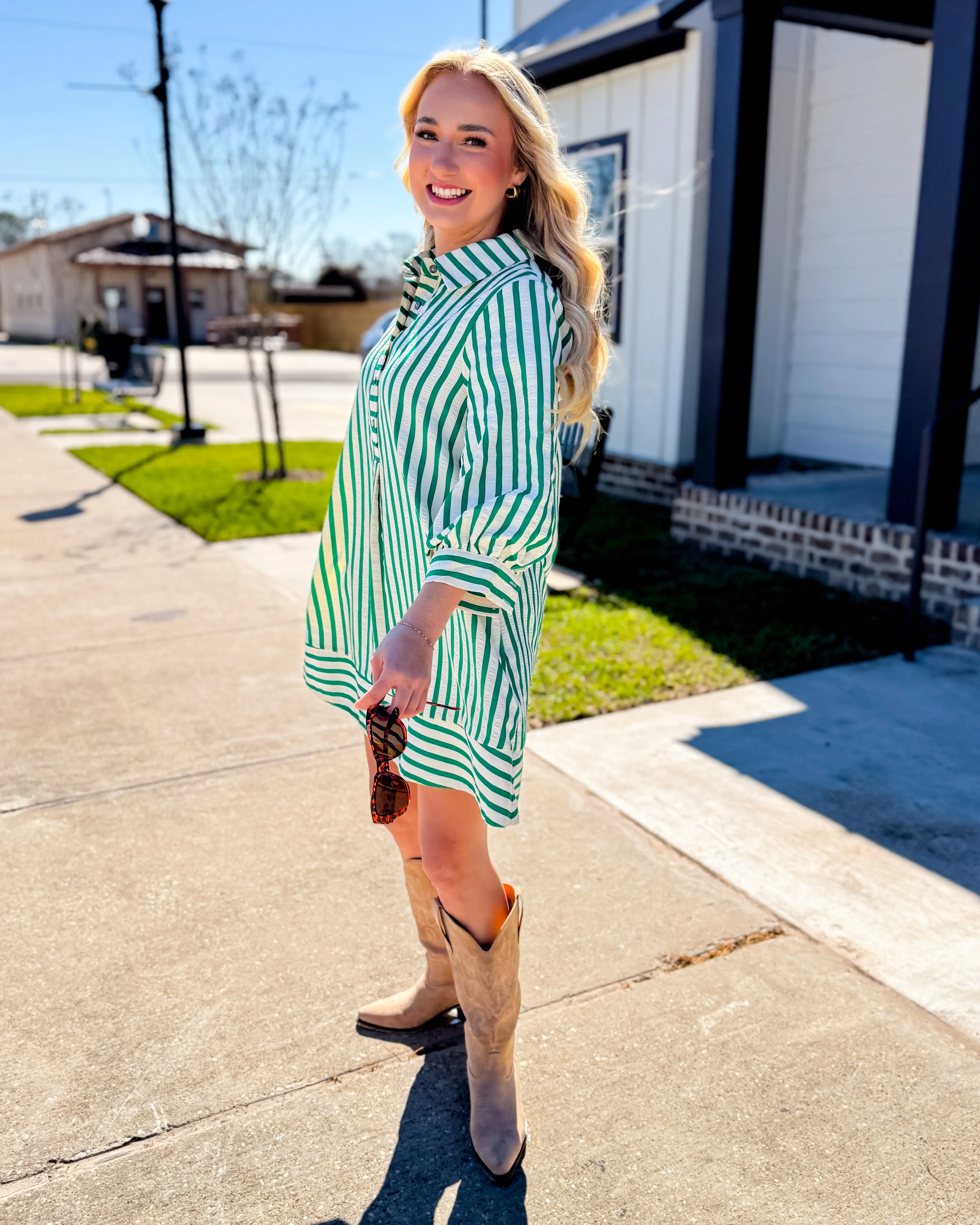 Striped Seersucker Mini Dress in Kelly Green