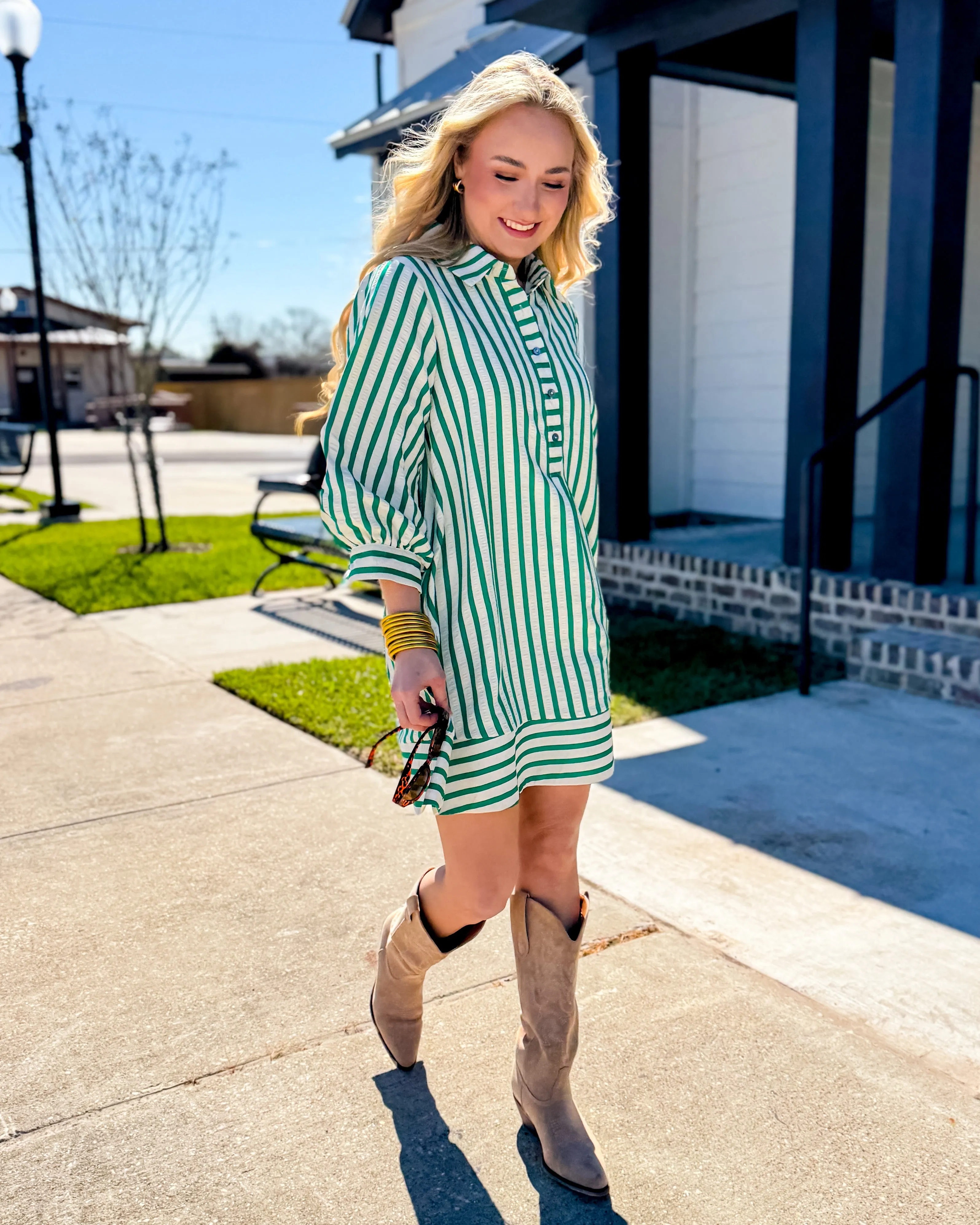Striped Seersucker Mini Dress in Kelly Green