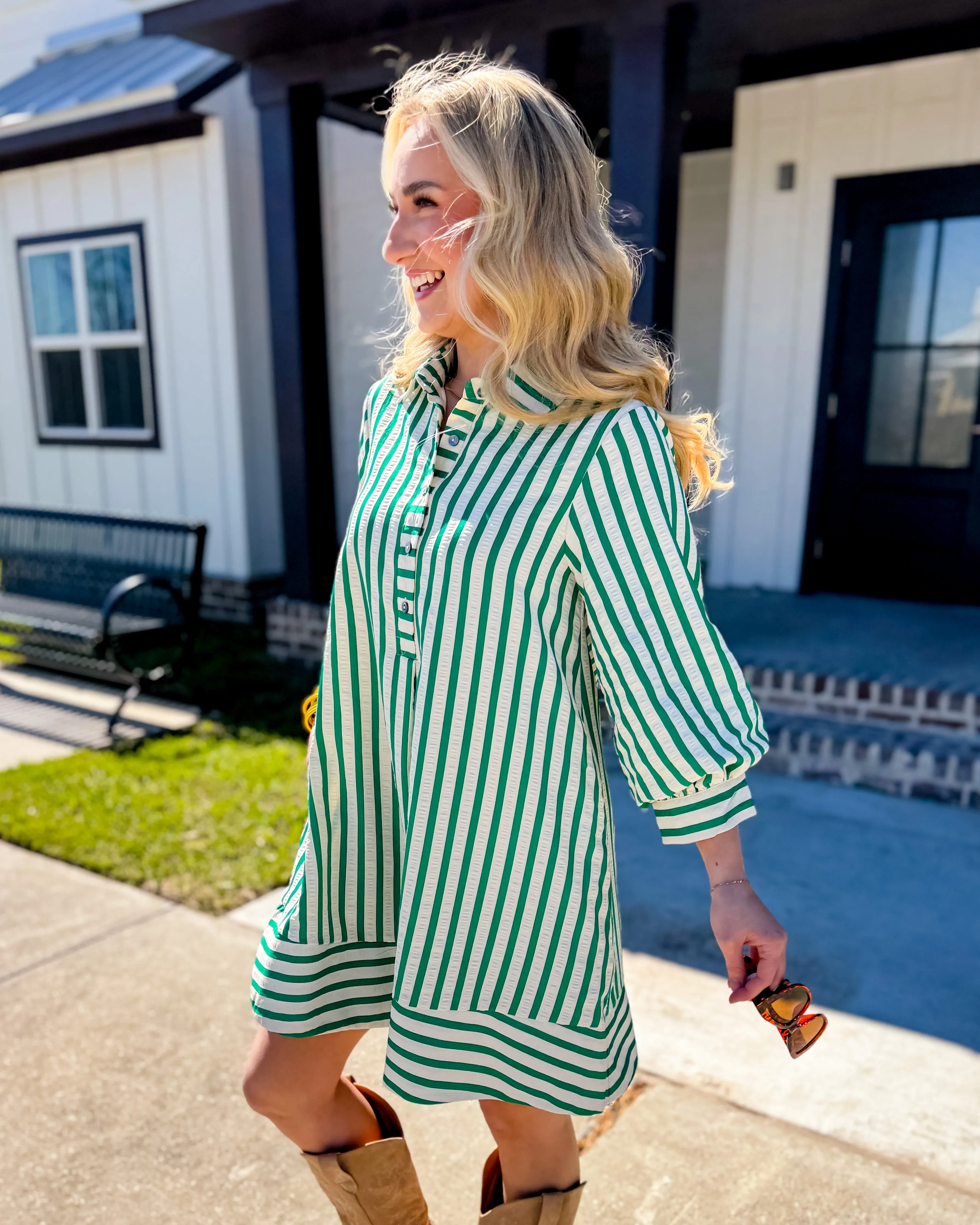 Striped Seersucker Mini Dress in Kelly Green
