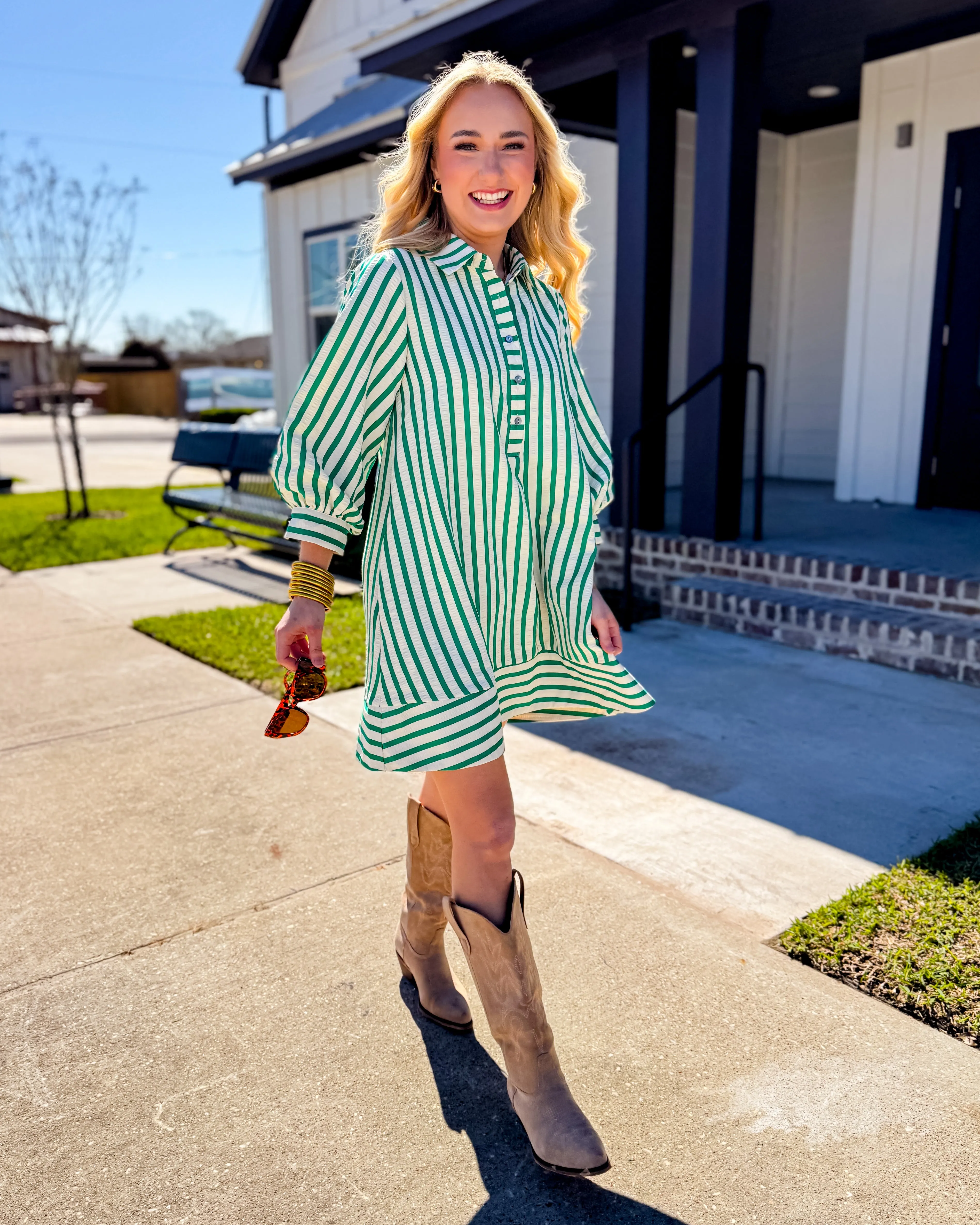 Striped Seersucker Mini Dress in Kelly Green