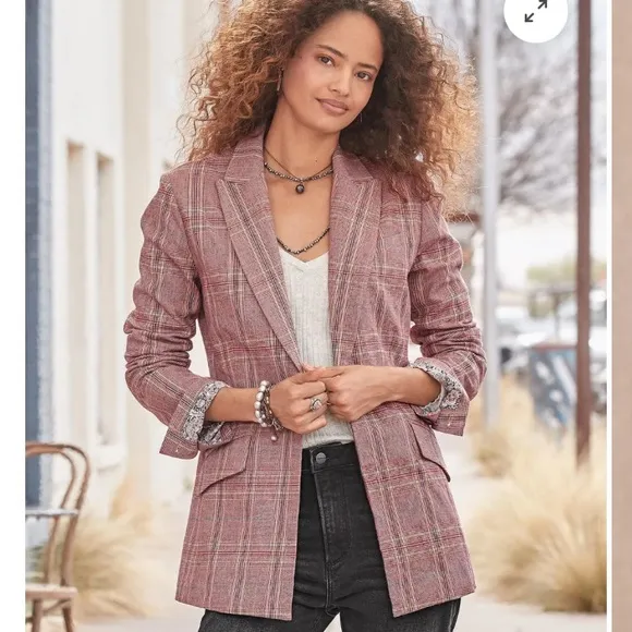 Sundance Whitman Rose Plaid Linen Blend Blazer Jacket