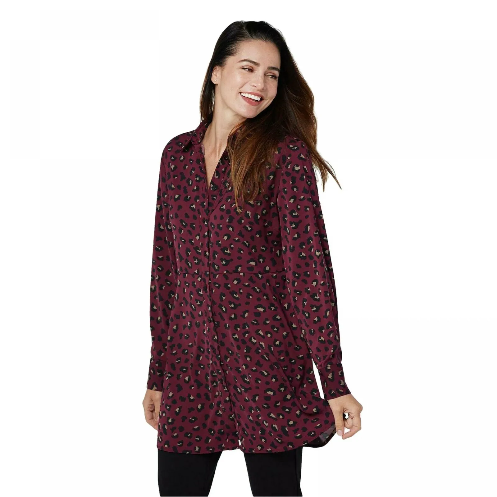 Susan Graver Women's Printed Stretch Peachskin Button Up Tunic Top