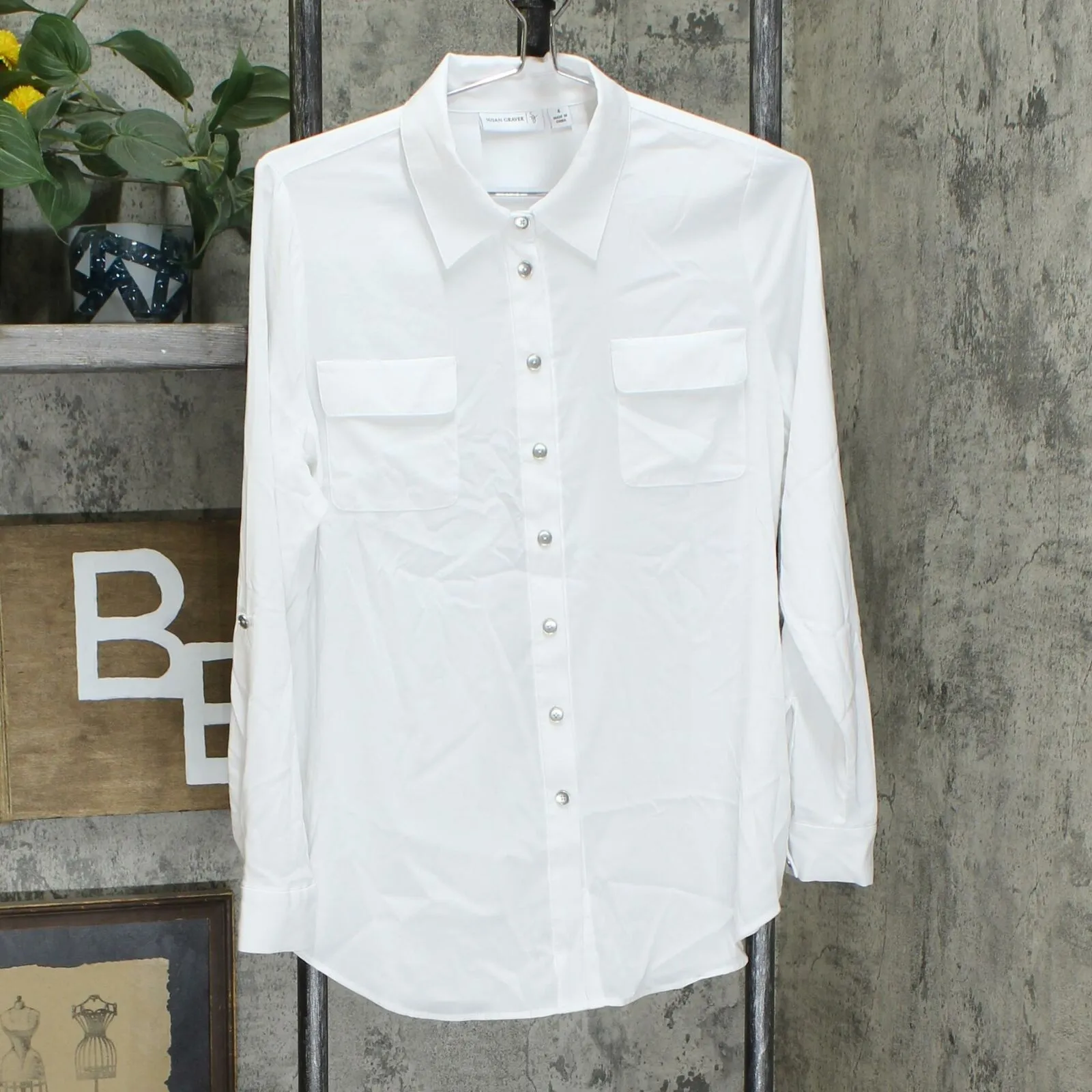 Susan Graver Women's Stretch Woven Button Long Sleeve Blouse White 4