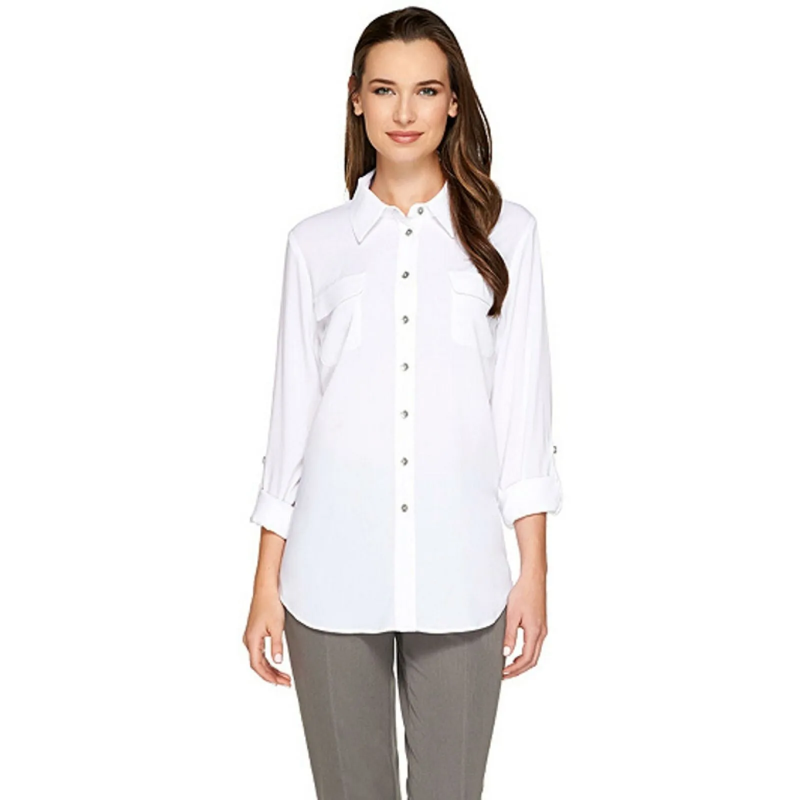 Susan Graver Women's Stretch Woven Button Long Sleeve Blouse White 4