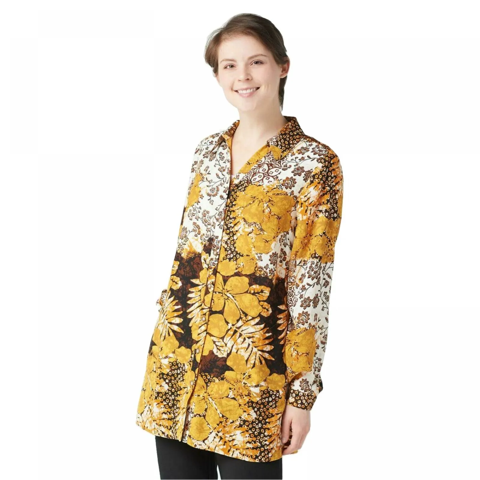 Susan Graver Women's Woven Button Front Big Shirt Blouse