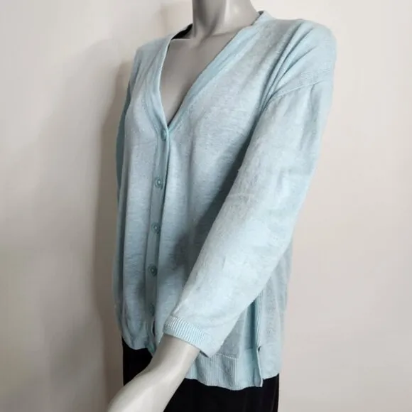 Talbots Light Blue Linen V Neck Button Up Cardigan Size L