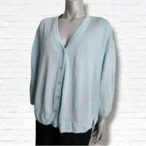 Talbots Light Blue Linen V Neck Button Up Cardigan Size L
