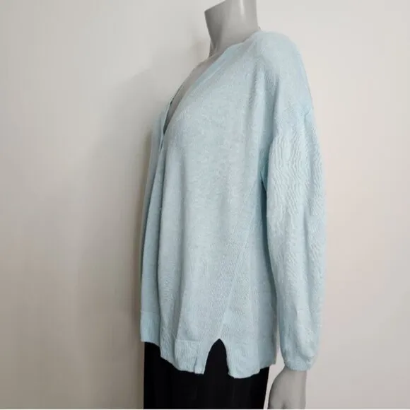 Talbots Light Blue Linen V Neck Button Up Cardigan Size L