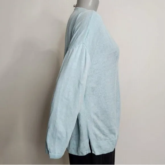 Talbots Light Blue Linen V Neck Button Up Cardigan Size L