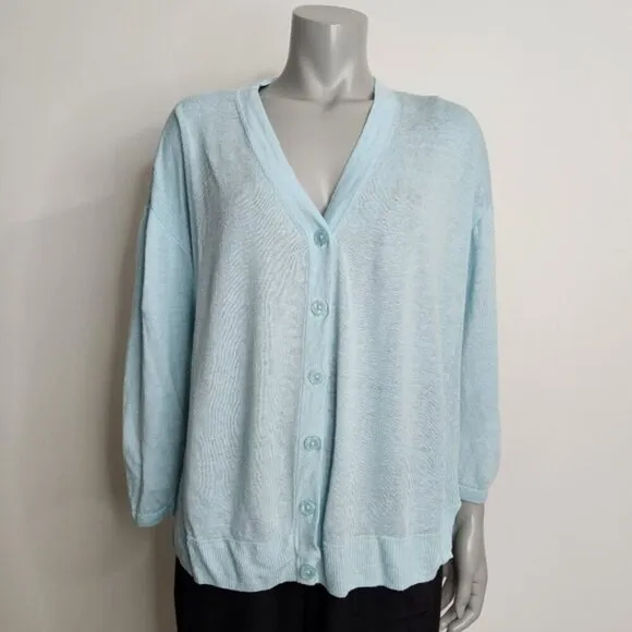 Talbots Light Blue Linen V Neck Button Up Cardigan Size L