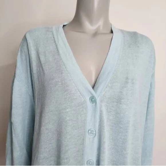 Talbots Light Blue Linen V Neck Button Up Cardigan Size L