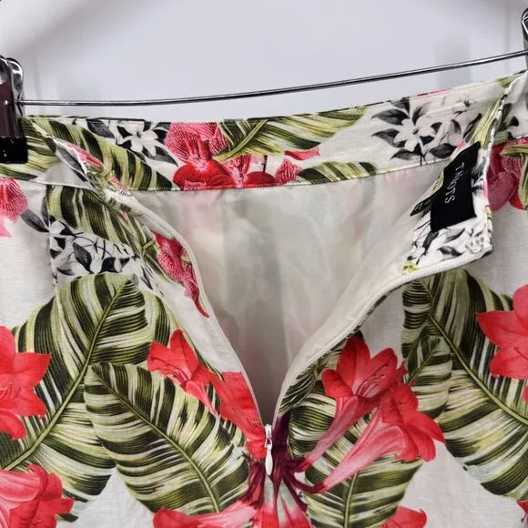 Talbots Skirt Womens 12 White Linen Cotton Tropical Floral Print Lined Pockets