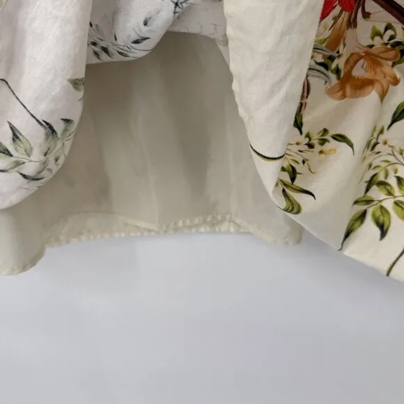 Talbots Skirt Womens 12 White Linen Cotton Tropical Floral Print Lined Pockets